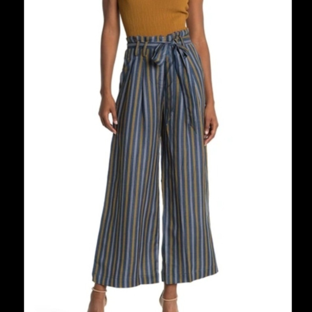 CURRENT AIR Striped High Waist Wide Leg‎ Paperbag Pants In Navy-Mustard - Small